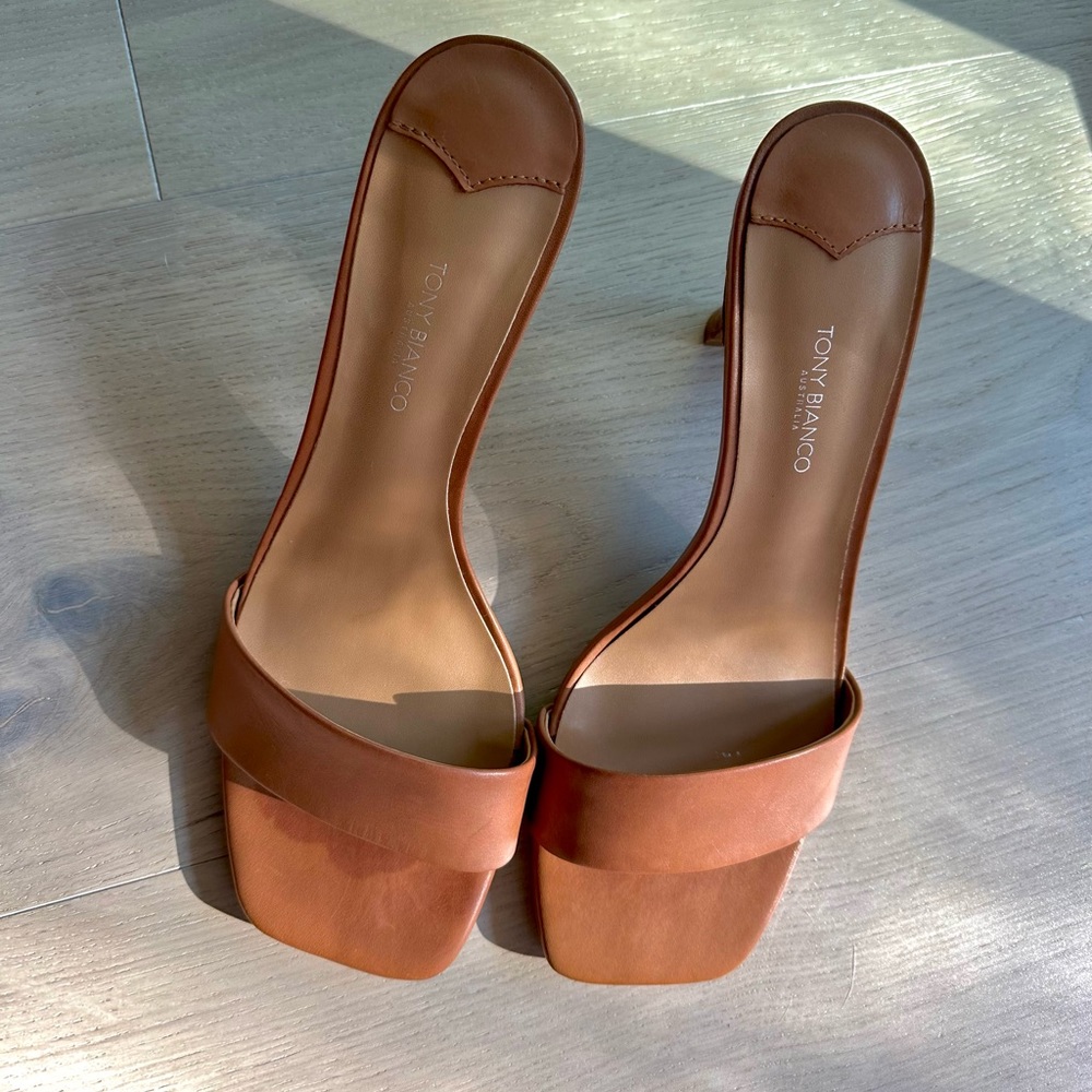 Tony Bianco tan slide heels. Size 7.5 excellent condition, worn once!